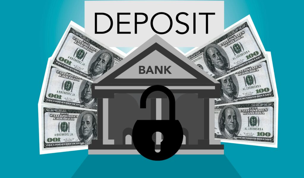 Decorative cardboard illustration of lock on bank with American paper money under Deposit inscription on blue background